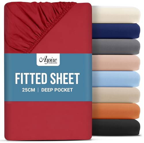 Aspire Homeware Single Fitted Sheet - 25 cm Deep Hotel Quality (Red) Bed Sheets - Soft & Breathable Fitted Sheet Single Bed - Anti-Wrinkle Easy Care Fitted Sheets