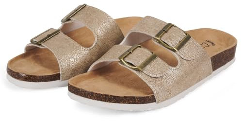 PERLETTI Pantoletten Damen Sommer mit Fußbett Echte Leder - Goldene Sandalen Mädchen Frauen Laufkomfort Bequem mit Verstellbarer Rieme - Modische Hausschuhe Schlappen Badelatschen (Gold, 41 EU)