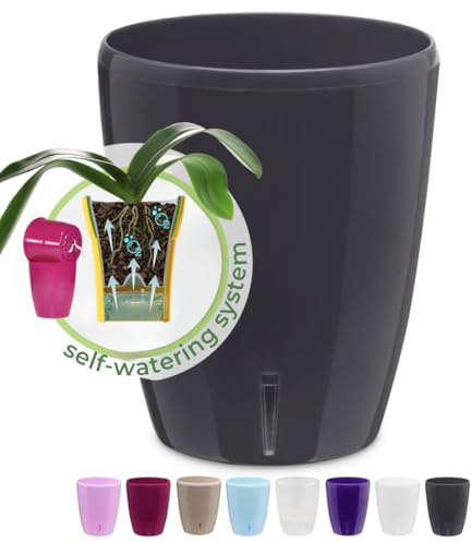 Happyplants ORCHIDEA Self-Watering Orchid Pot Flower Planter With Water Level Indicator Water Reserve And Drainage Holes(Anthracite, Ø12.5CM - 1.3L)