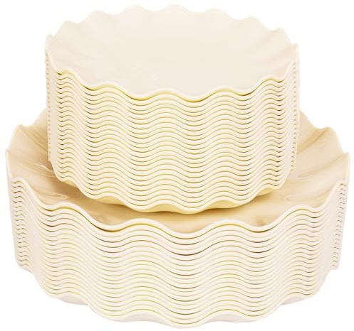 LIYH 50 Pcs Beige Plastic Plates Reusable Unbreakable Dinner Plates Scalloped Plastic Plate Dishwasher Safe Ivory Plate Sets Perfect for Parties Birthday Picnics BPA Free (25Guests)
