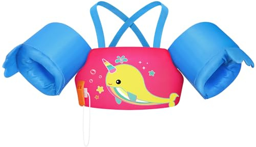 HeySplash Gilet de Natation, Gilet de Natation avec Sangle Réglable pour Enfants de 22-44lbs, Brassard Apprendre à Nager Flotteur de Piscine pour Enfant de 2-6 Ans, Rose Bleu Jaune Baleine