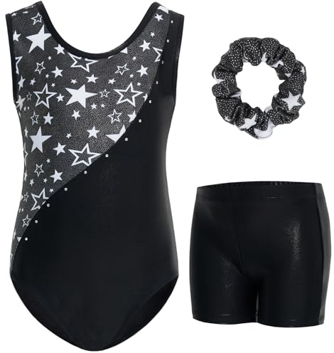 Gogokids Mädchen Dreiteiliges Gymnastikset mit Shorts, Kinder ärmelloser Gymnastikanzug mit Schmucksteinen, Funkelndes Mädchen Gymnastikoutfit, Sportliche Tanzbekleidung für Kinder im 9-10 Jahre