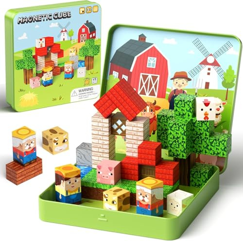 Giocattoli da viaggio a blocchi magnetici, 49 pezzi di blocchi da costruzione magnetici per bambini da 3-8 anni, giocattoli da viaggio per l'apprendimento prescolare STEM (Tema della fattoria)