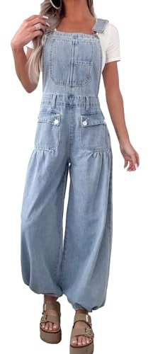 yoeasy Women's Denim Bib Overalls Lotus Tube Wide Leg Baggy Jeans Adjustable Strap Pleated Jumpsuits with Drawstring (X-Large, Light Blue)