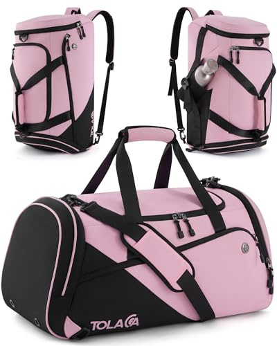 Tolaccea Bolsa de Deporte 47L Hombre Mujer – Mochila Duffel con Compartimento para Zapatos y Bolsillo Impermeable, Gimnasio, Fitness, Natación, Viaje (Negro-Rosa)