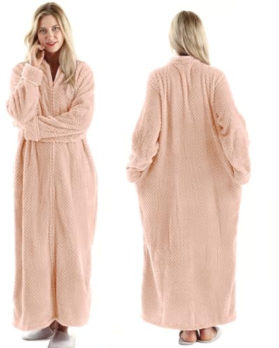 Oksun Womens Fleece Warm Robe: Cozy Flannel Long Zipper Bathrobe - Plush Winter Housecoat Nightgown (Skin Pink, X-Large)