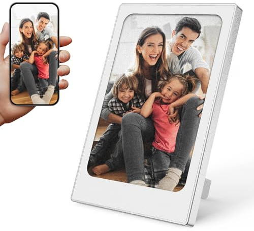 ZONSUSE Mini Marco Digital Tinta Electrónica, Marco Fotos Portátil Aluminio 4 Pulgadas, Pantalla IPS de 4 Colores, Display Siempre Encendido Bajo Consumo, Mejor Regalo Fotográfico para Padres (Blanco)