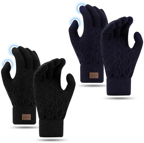 Leikedun 2 Pairs Winter Thermal Gloves for Women Men, Warm Touch Screen Gloves, Soft Wool Knit Elastic Cuff Glove for Outdoor Skiing Walking Running(Black+Navy blue)