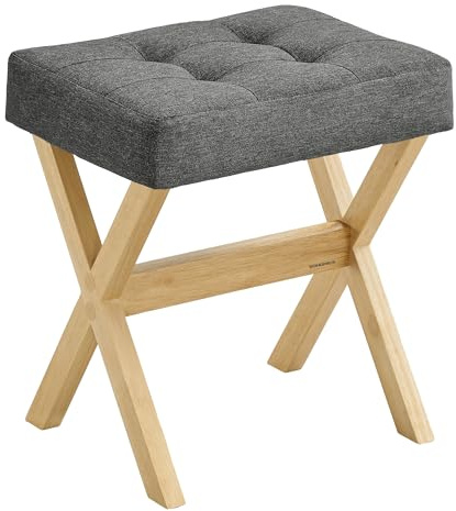 SONGMICS Dressing Table Stool, Upholstered Makeup Vanity Stool, Foot Rest, Solid Wood X Legs, for Bedroom, Wardrobe, Entryway, 32 x 42 x 46 cm, Slate Grey and Natural Beige LSF006GN02
