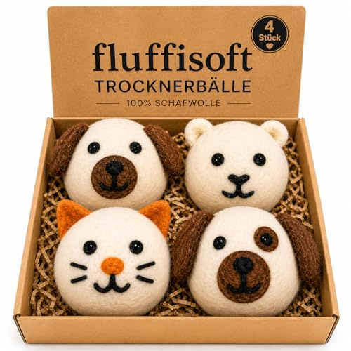 fluffisoft Trocknerbälle aus 100% Schafwolle – 4er Set mit Tiermotiven – Wiederverwendbare Wollbälle für den Wäschetrockner – Nachhaltige Alternative zu Weichspüler – Geschenkbox inklusive