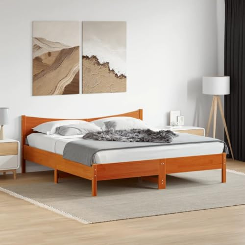 GeenYuu Massiv träsäng, 200 x 200 cm, furu vaxbrun, ribbotten, robust sängram utan madrass, sovrumsmöbler, plattformssäng för vuxna