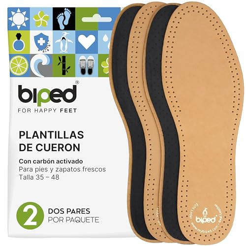 biped 2 pares de plantillas de cuero de primera calidad con carbón activo - Suelas transpirables contra el sudor de pies - Plantillas de cuero suave para hombre y mujer z2763(36)