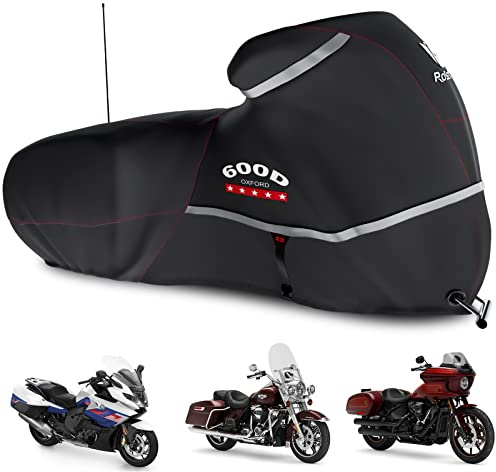 Rosefray Motorcycle Cover 600D Waterproof for Touring Models Harley Davidson Road King,Road Glide,Street Glide, Electra Glide,Low Rider-ST Indoor & Outdoor Storage Black