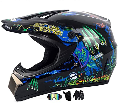 Motocross Fullface MTB Helm Kinder, ABS-Schale, Motorradhelm Herren Damen, Downhill Motorradhelm Kinder, ATV Motorradhelm Helm Mit Brille Handschuhe