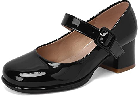 Lizoleor Mary Janes Talon Carré Plateforme Bout Rond Bride Cheville pour Femme De Mariée Fête Confortable Robe Vernis Noir Taille 39 EU/40CN