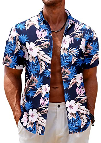 COOFANDY Camicia Hawaiana da Uomo Manica Corta Estiva Camicie Casual Casual Motivo Floreale Abbottonata Camicia Hawaiana con Tasca Blu XXL