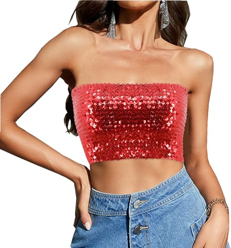 Segreto Top sexy à paillettes pour femme - Sans manches - Vintage - Bandeau - Sans bretelles - Haut court - Top à bretelles, rouge court, taille unique