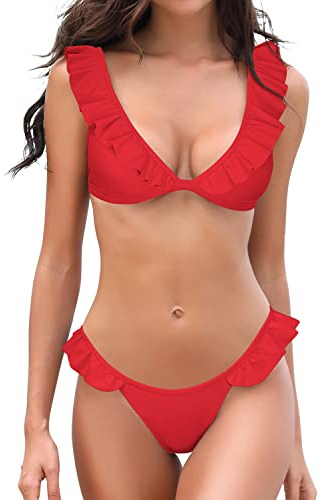 SHEKINI Women's Bikini Set Ruffles Two Piece Swimsuit with Low Waisted Brazilian Bottoms Padded Push up Bathing Suit Sexy Micro Swimwear for Women, Red, S