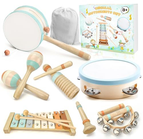 Musikinstrumente für Kinder- Miljgte Montessori Spielzeug ab 1 Jahr Holzspielzeug Trommel Xylophon Percussion Instrumente Baby Musikspielzeug Geburtstagsgeschenk für Kinder ab 3 Jahre