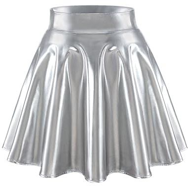 Bridesmay Falda Skater Acampanada para Mujer - Falda Corta Elástica Brillante con Talle Alto para Fiesta, Noche de Discoteca y Baile TJ Silver M