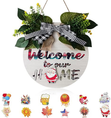 Cartel de Bienvenida de Madera, Letrero de Bienvenida para Puerta, Cartel de Bienvenida para Puerta de casa, con 12 Decoraciones Magnéticas Intercambiables, para Puerta Entrada, Sala Estar (Blanco)