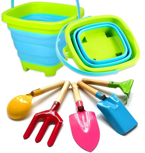 Kids Gardening Tools Collapsible Bucket and Shovels Set, Foldable Sand Bucket and 5pcs Metal Shovels Beach Toys for Kids Digging, Party, Camping Gear and Fun Summer Activities