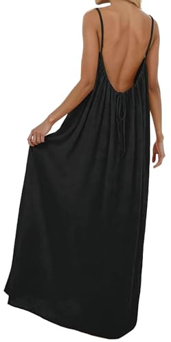 YBEBEWE Womens Summer Dresses Backless Sundresses Casual Lounge Solid Color Sleeveless House Dress Long Sundress with Adjustable Back Tie Black