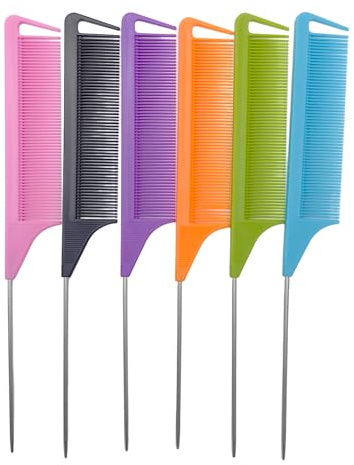 6PCS Tail Comb Set,Anti-Static Carbon Fiber Hair Combs with Steel Pintail, Professional Rat Tail Comb ABS Plastic Fine Tooth Hair Parting Combs, Multi-Color Styling Combs
