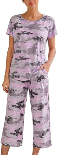 MIA LUCCE Pigiama da donna in due pezzi, pigiama estivo, biancheria da notte corta, in cotone, tuta capri, abbigliamento da notte, top e pantaloni 3/4, taglie S-XXL, XL