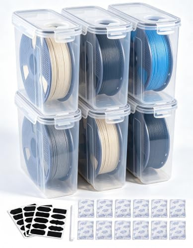Filament förvaringslåda 6-pack – lufttät torrbox för 3D-tryck filament med återanvändbar kiselgel – fuktsäker förvaring för PLA PETG TPU spolar (4,0 l)
