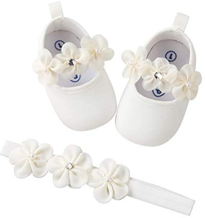 EDOTON Baby Mädchen 2 Pcs Kleinkind Party Schuhe Mit Stirnband, Weiß, Gr.- 12-18 Monate/Herstellergröße- 5