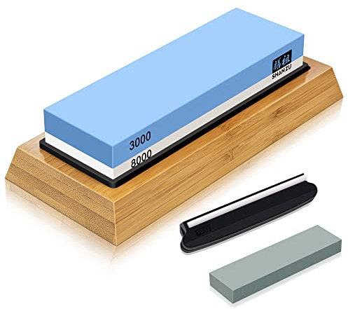 SHAN ZU Whetstone Knife Sharpening Stone Knife Sharpeners with Angle Guide Flattening Stone Non-Slip Bamboo Base 2 Side Grit 3000/8000 Waterstone