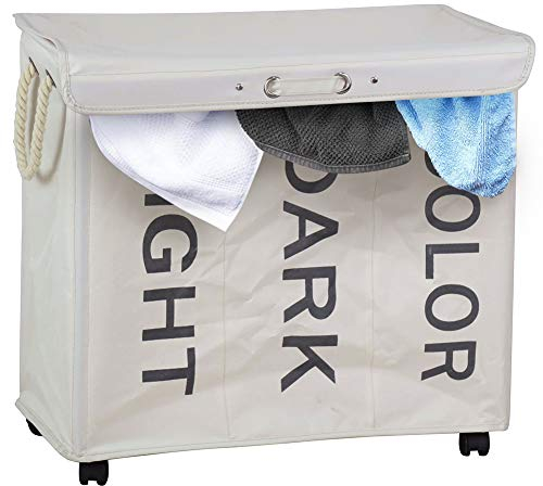 Bakaji Cesto Biancheria Sporca a 3 Scomparti Portabiancheria 3 Spazi in Tessuto Oxford Pieghevole con Ruote e Manici Dimensione 63 x 35 x 57 cm (Panna)