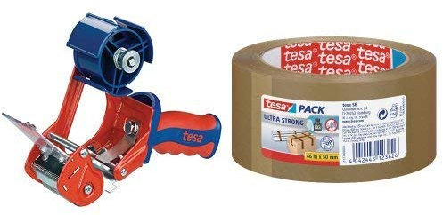 tesa Packband Handabroller, Modell Comfort für Rollen bis 66m x 50mm (+ 6 Rollen tesapack Ultra Strong)