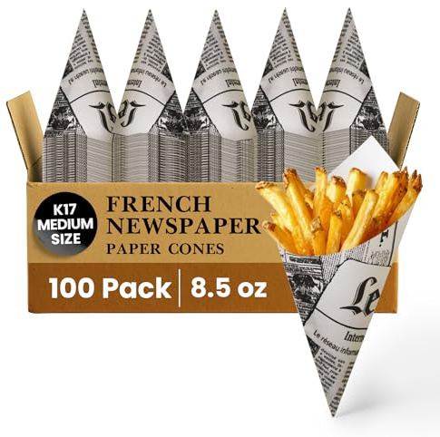 Friteshop – Premium French Newspaper Paper Cones K-17 Medium, 8.5 oz - European Made Disposable Food Service Holders for French Fries - Professional Snack Cone - Takeaway Food Packaging - 100 Count