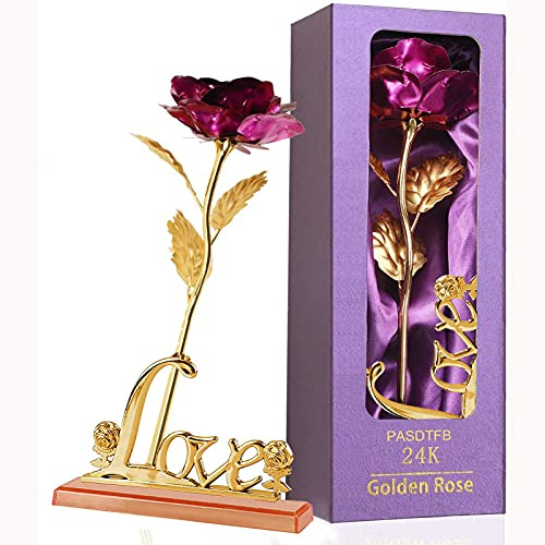 24K guld rosa guld folie ros konstgjord för alltid ros blommor bästa gåvor för hennes flickvän fru kvinnor mamma för alla hjärtans dag mors dag årsdag födelsedag bröllop jul tacksägelse (lila)