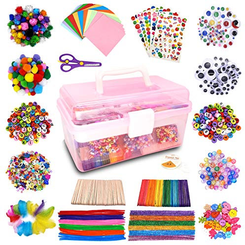 obqo 1000+ Pcs Kids Craft Box Kit, Toddler Arts and Crafts for Kids Includes Pom Poms, Pipe Cleaners, Feather, Folding Craft Box - All in One DIY Craft Set(Pink)