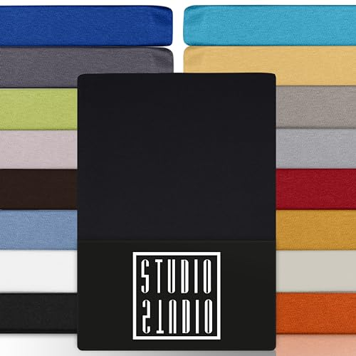 STUDIO Premium Spannbettlaken 90x200cm, 90x220cm, 100x200cm & 100x220cm – Jersey-Spannbetttuch aus 97 % Baumwolle & 3 % Elastan – Schwarz – Öko-Tex Zertifiziert, bügelfrei – für Matratzen 15–35cm