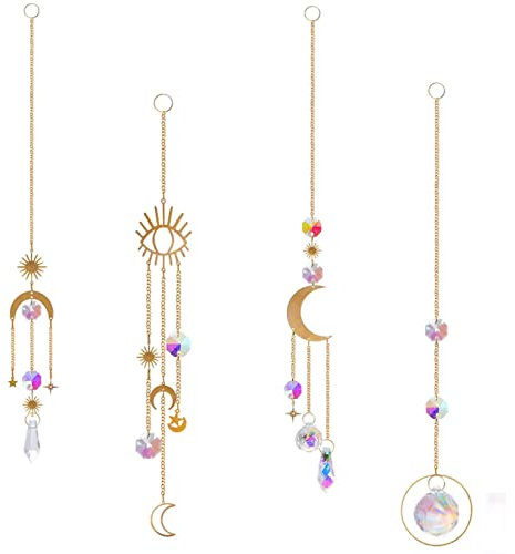 Lot de 4 carillons à vent en cristal - Attrape-soleil en forme de lune et d'étoile arc-en-ciel - Pour chambre à coucher, salon, plafond, décoration murale de jardin