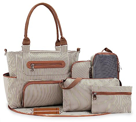 SONARIN 7pcs Nappy Changing Bag Set,Multifunction Mummy Tote Bag Baby Changing Bag Shoulder Handbag Travel Diaper Bag with Bottle Bag Changing Mat and Stroller Straps,white stripped(Khaki)