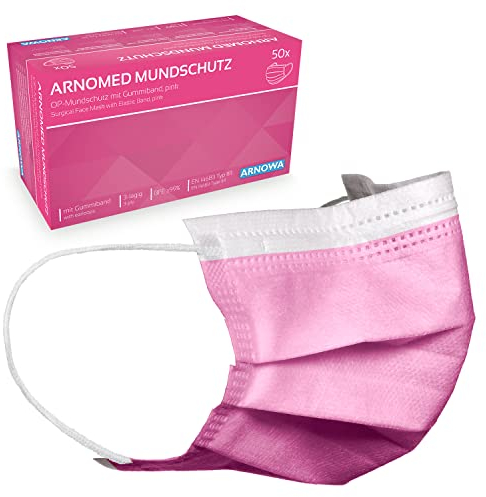 ARNOMED 50x Medizinische Mundschutzmaske Pink, CE Zertifizierte Op Maske, Medical Face Mask, Schutzmaske Mund & Nase, Einwegmasken, Chirugischer Mundschutz, Klinische Gesichtsmasken