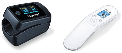 Beurer FT 85 kontaktloses digitales Infrarotthermometer, schnelles Fieberthermometer zur hygienischen, Messung der Körpertemperatur an der Stirn & PO 45 Pulsoximeter, Messung von SpO2, Puls und PI