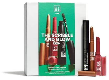 3INA MAKEUP - The Scribble and Glow Kit - Set Maquillaje - 24h Eye Stick 532 + Color Lip Glow 254 + 24h Level Up Mascara 900 - Sombra de ojos + Labial + Mascara - Vegan - Cruelty-Free