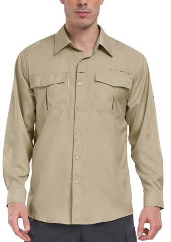 MoFiz Uomo Camicia Sportiva a Manica Lunga Leggera Camicie da Pesca Escursionismo Outdoor Protezione UV Funzionale Shirt Traspirante ad Asciugatura Rapida Caqui EU 3XL