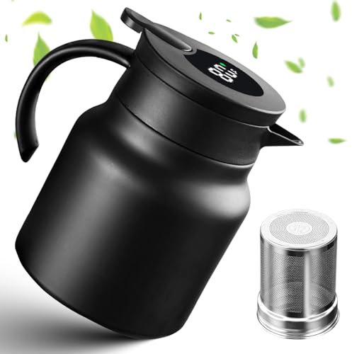 Thermoskanne 1l aus Doppelwandingem Edelstah, Isolierkanne 1l mit Teesieb, Isolierkanne Kaffeekanne, Thermoskanne Tee mit Temperaturanzeige, Kein Tropfen