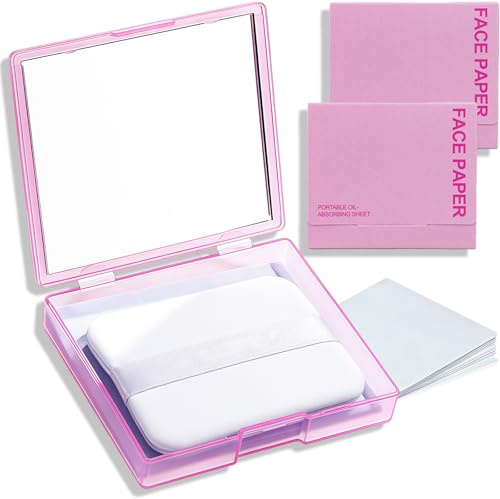 300-Sheet Oil Blotting Sheets for Face - Mirror, Powder Puff & Replacement Kit - Botting Papers for Face - Makeup Friendly,Oil Blotting Sheets for Oily Skin, Controls Shine, Gentle for Makeup Use