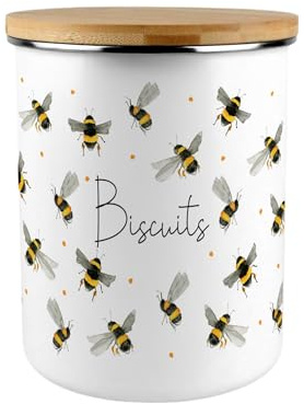 Purely Home Scattered Bees Biscuit Canister - Bumblebee Large Enamel Kitchen Storage Container/Cookie Jar Gifts for Bee Lovers