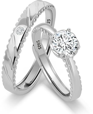 Meissa Alianzas de Plata para Pareja Anillos de Compromiso Ajustables para Hombres y Mujeres Plata de Ley 925 con Circonita 0,5ct Juego Nupcial Regalo San Valentín Boda (Juego de dos anillos)