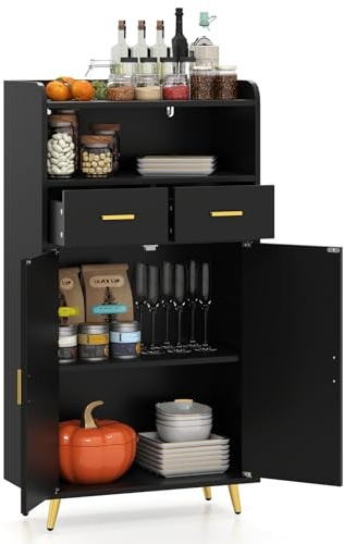 GIANTEX Aparador Buffet de Cocina con 2 Puertas, 2 Cajones y Estantes Abiertos, Armario Auxiliar con Kit Antivuelco, 60 x 30 x 113 cm, Mueble de Almacenamiento para Salón, Comedor, Entrada (Negro)
