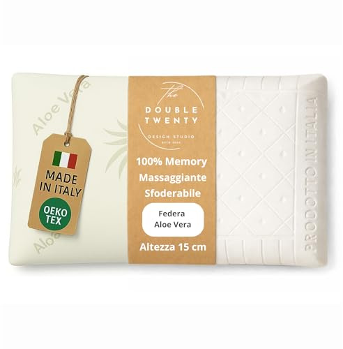 The Double Twenty | Cuscino Memory Foam ALTO 15 cm – Supporto Cervicale Ergonomico ad Alta Densità (Sostegno Deciso) – Modello Saponetta con Federa Aloe Vera – Ideale per Posizione Supina e Laterale